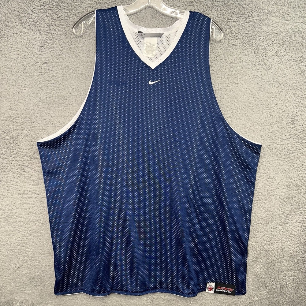 VTG Nike Basketball Jersey 2XL XXL Blue/White Center Swoosh/Block Silver Tag